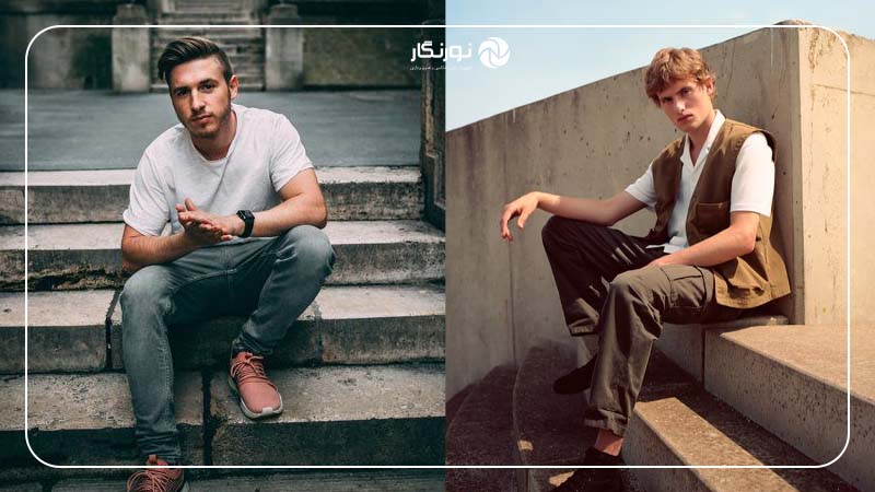 ژست نشسته روی پله‌ها با نگاه به دوربین