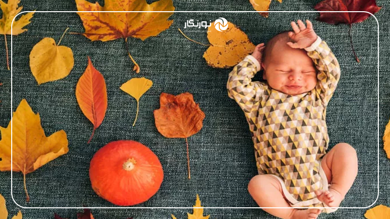 ژست عکس پاییزی نوزاد