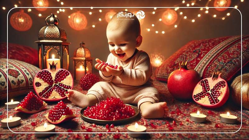 عکاسی از نوزاد در حال بازی با دانه‌های انار