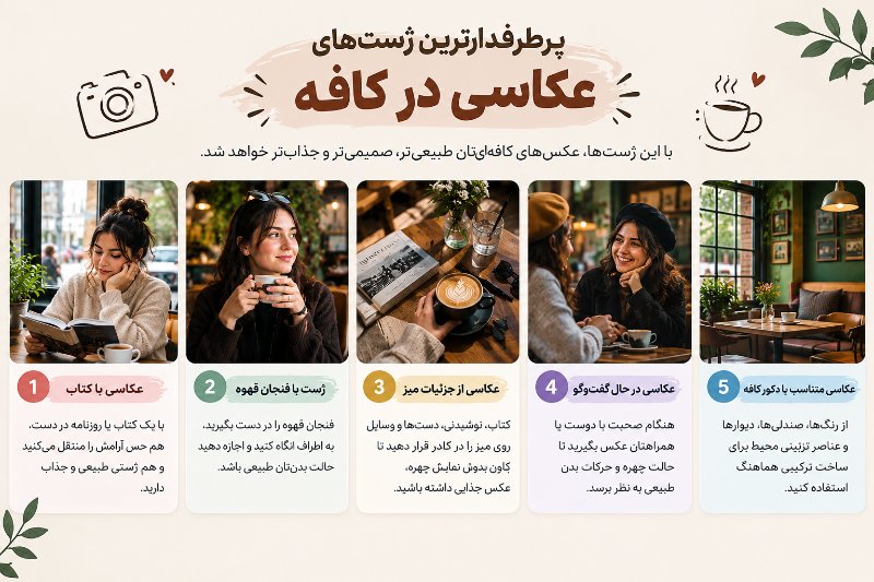 ژست عکس در کافه؛ ایده‌های عکاسی با کتاب، قهوه و دکور کافه
