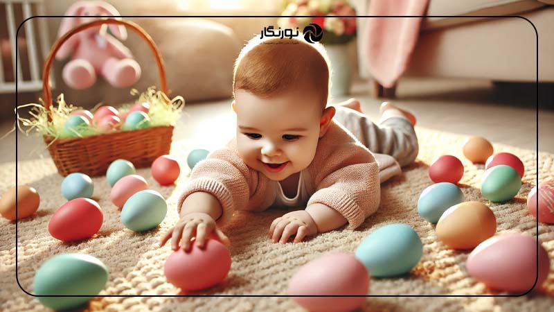 نوزاد در حال بازی با تخم‌مرغ‌های رنگی
