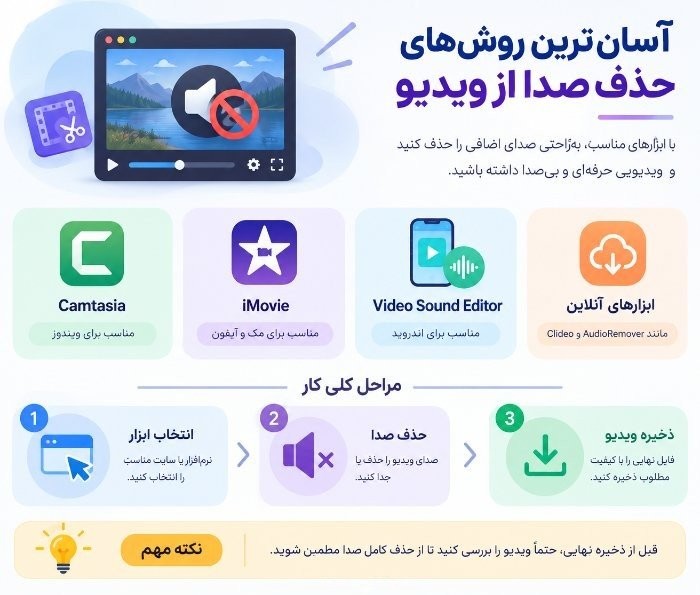 اینفوگرافیک آموزش حذف صدا از ویدیو با Camtasia، iMovie، Video Sound Editor و ابزارهای آنلاین