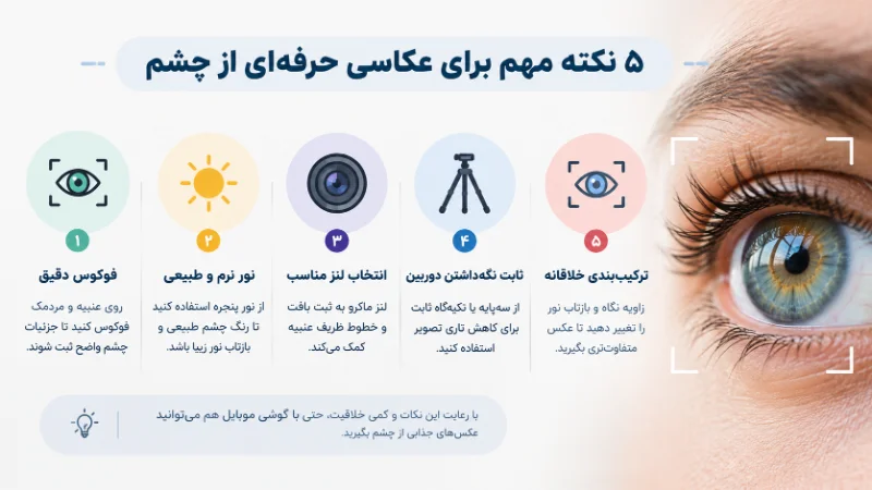 اینفوگرافیک نکات مهم عکاسی از چشم شامل فوکوس دقیق، نورپردازی طبیعی، لنز ماکرو، تثبیت دوربین و ترکیببندی خلاقانه