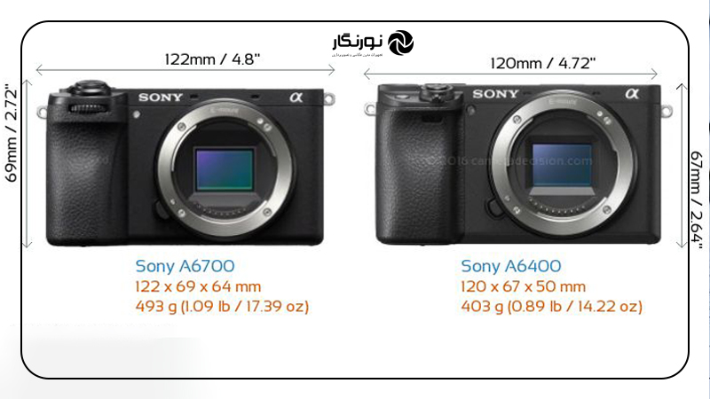 مقایسه کامل Sony A6400 و Sony A6700؛ تفاوتهای ظاهری و ابعاد