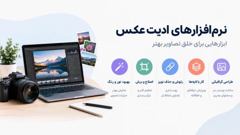 اینفوگرافیک قابلیت‌های نرم‌افزار ادیت عکس شامل بهبود نور و رنگ، اصلاح و برش، روتوش، کار با لایه‌ها و طراحی گرافیکی