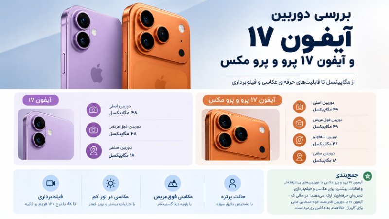 اینفوگرافیک مقایسه دوربین آیفون ۱۷ با آیفون 17 پرومکس از نظر مگاپیکسل، دوربین سلفی و قابلیت‌های عکاسی