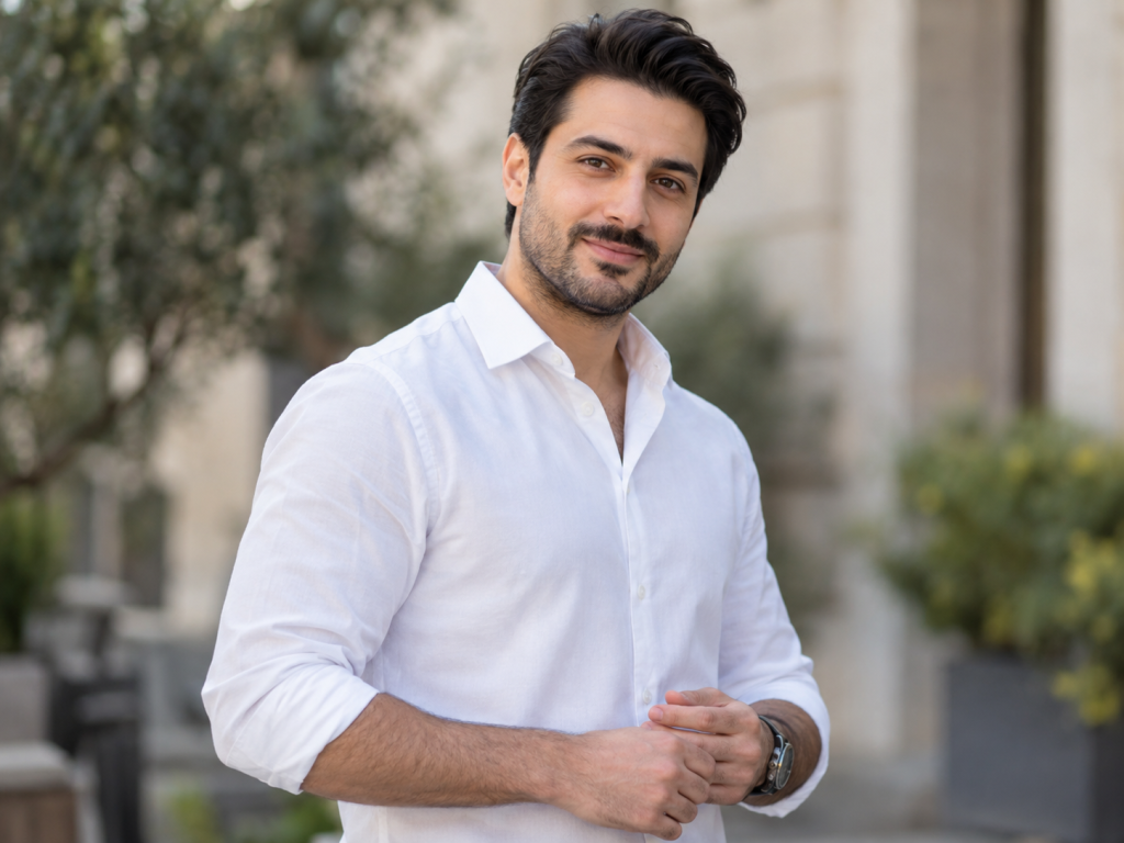 ژست مردانه سه‌رخ با نگاه به دوربین