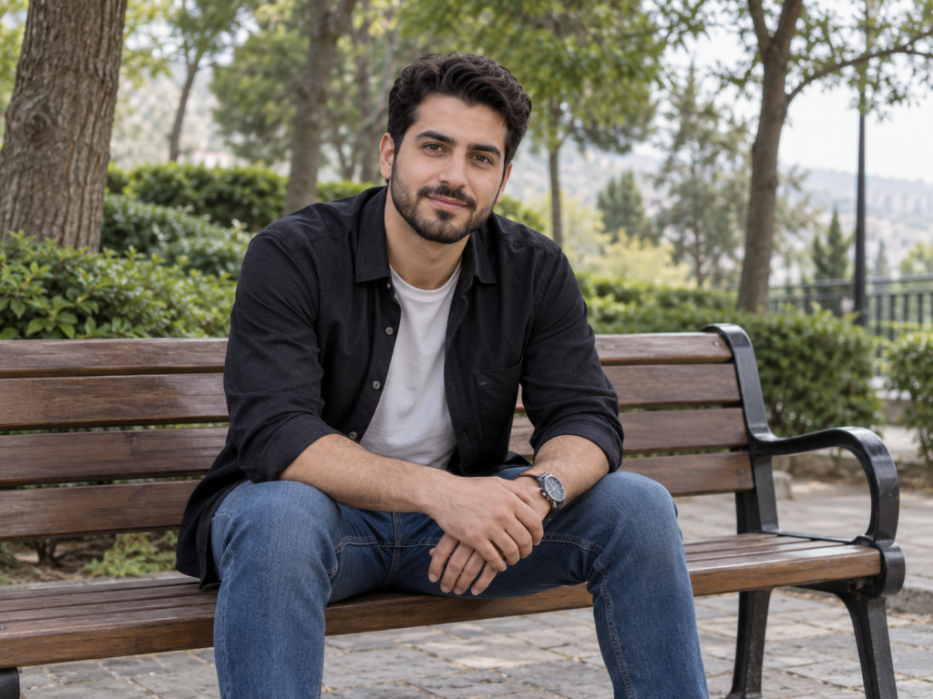 ژست عکس مردانه نشسته با بدن کمی رو به جلو