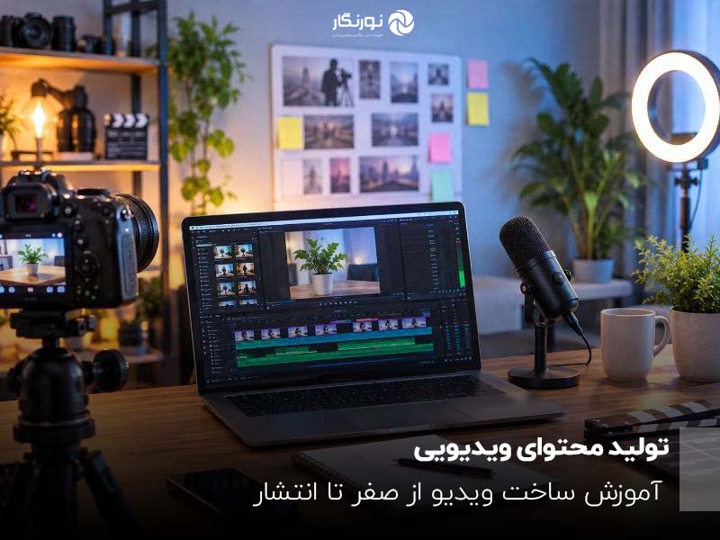 تجهیزات تولید محتوای ویدیویی شامل دوربین، لپتاپ، میکروفون و نورپردازی در استودیوی ضبط و تدوین