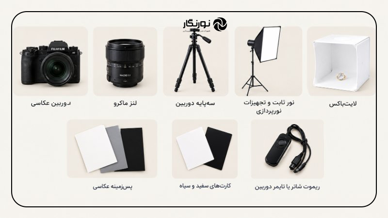 معرفی تجهیزات عکاسی جواهرات شامل دوربین، لنز ماکرو، سه‌پایه، نورپردازی، لایت‌باکس و لوازم جانبی عکاسی