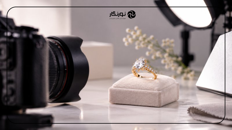 عکاسی حرفه‌ای از انگشتر طلا با نگین درخشان و استفاده از دوربین و نورپردازی استودیویی
