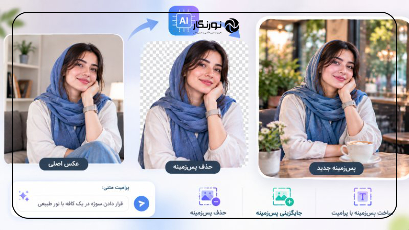 تغییر پسزمینه عکس با هوش مصنوعی؛ نمایش مراحل حذف بکگراند، جایگزینی پسزمینه و ساخت محیط جدید با پرامپت متنی