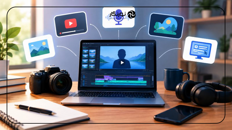 مفهوم تولید محتوا بدون چهره با استفاده از لپتاپ و ابزارهای ساخت ویدیو