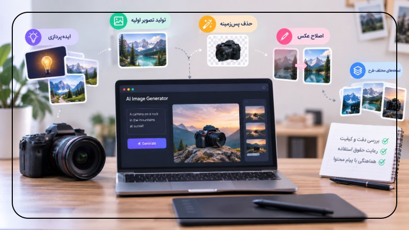 طراحی محتوای بصری با هوش مصنوعی شامل تولید تصویر، حذف پس‌زمینه، اصلاح عکس و بررسی کیفیت خروجی