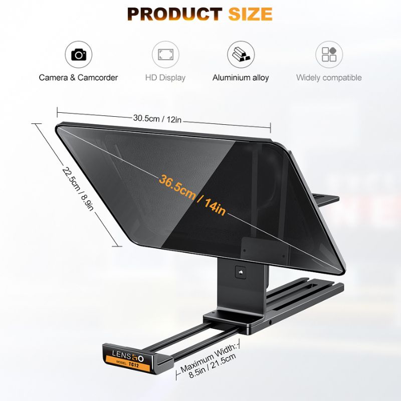 ابعاد تله‌پرامپتر حرفه‌ای لنزگو LENSGO TC12 Teleprompter for Cameras and iPads