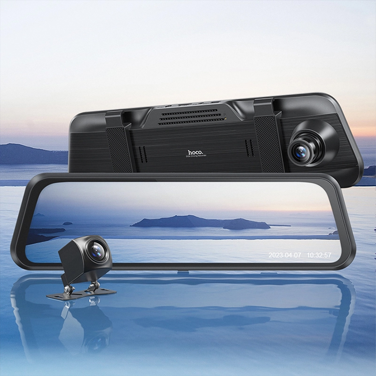 تصویر روبرو و پشت از دوربین ثبت وقایع وای فای خودرو Hoco DI36 Wi-Fi Car Dash Cam