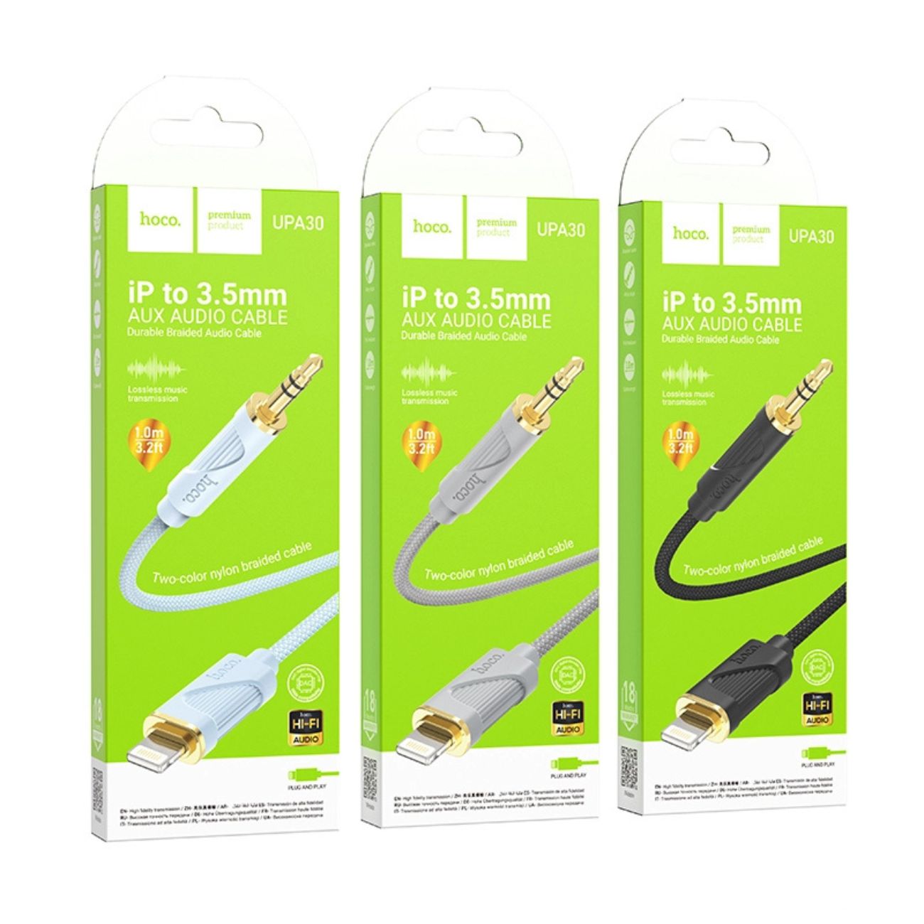 نمای بسته بندی کامل کابل هوکو HOCO UPA30 Lightning to AUX Audio Cable gray