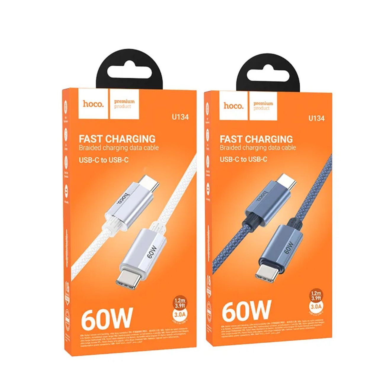 نمای بسته بندی کابل شارژ تایپ سی به تایپ سی هوکو Hoco Type-C to Type-C U134 1.2 m Charging Cable gra