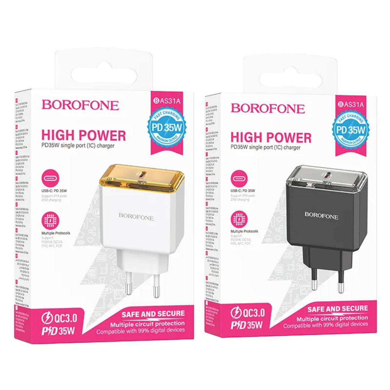 نمای بسته بندی شارژر دیواری بروفون Borofone 35W BAS31A (EU) Charger white