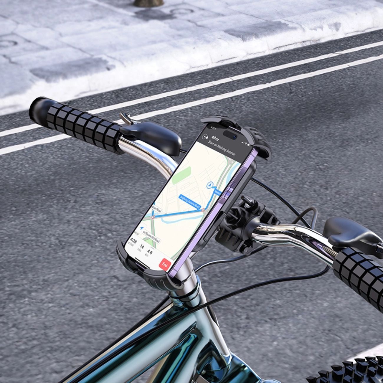 نمای نصب شده روی دوچرخه پایه نگهدارنده موتورسیکلت بروفون Borofone Motorcycle Phone Holder BH105