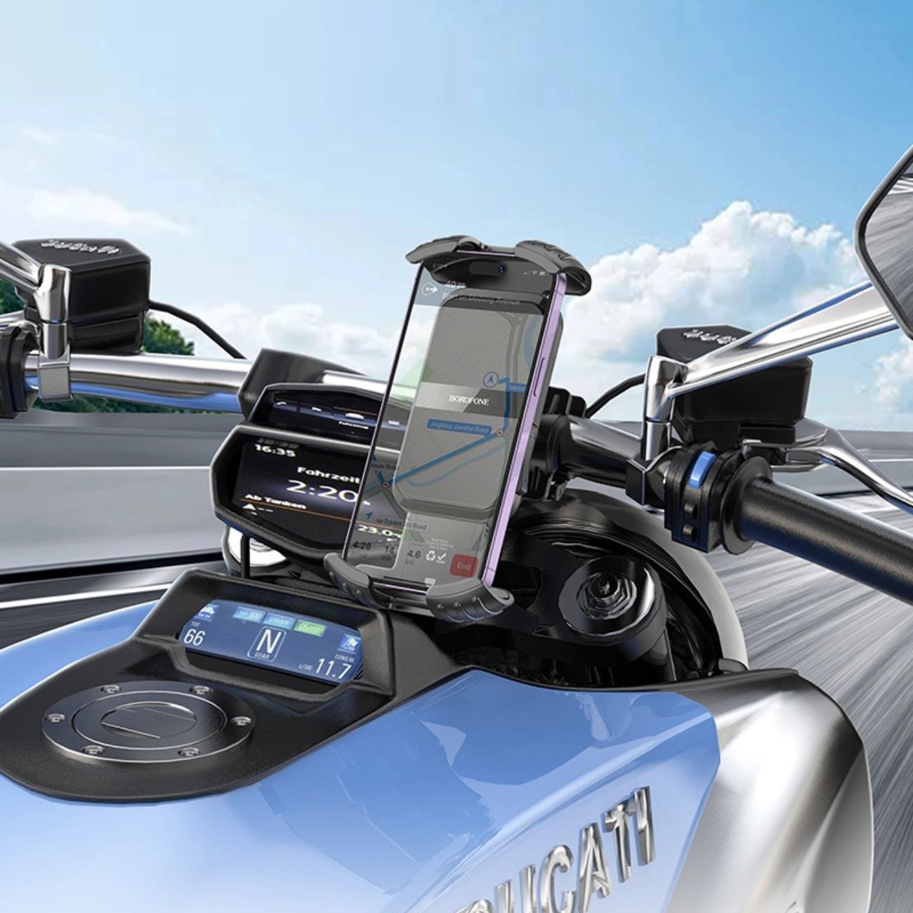 نمای نصب شده روی موتورسیکلت پایه نگهدارنده گوشی بروفون Borofone Motorcycle Phone Holder BH105