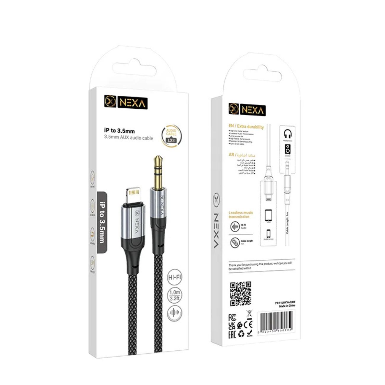 نمای جعبه کابل مبدل صوتی نکسا Nexa LX3 3.5mm AUX To Lightning Audio Cable