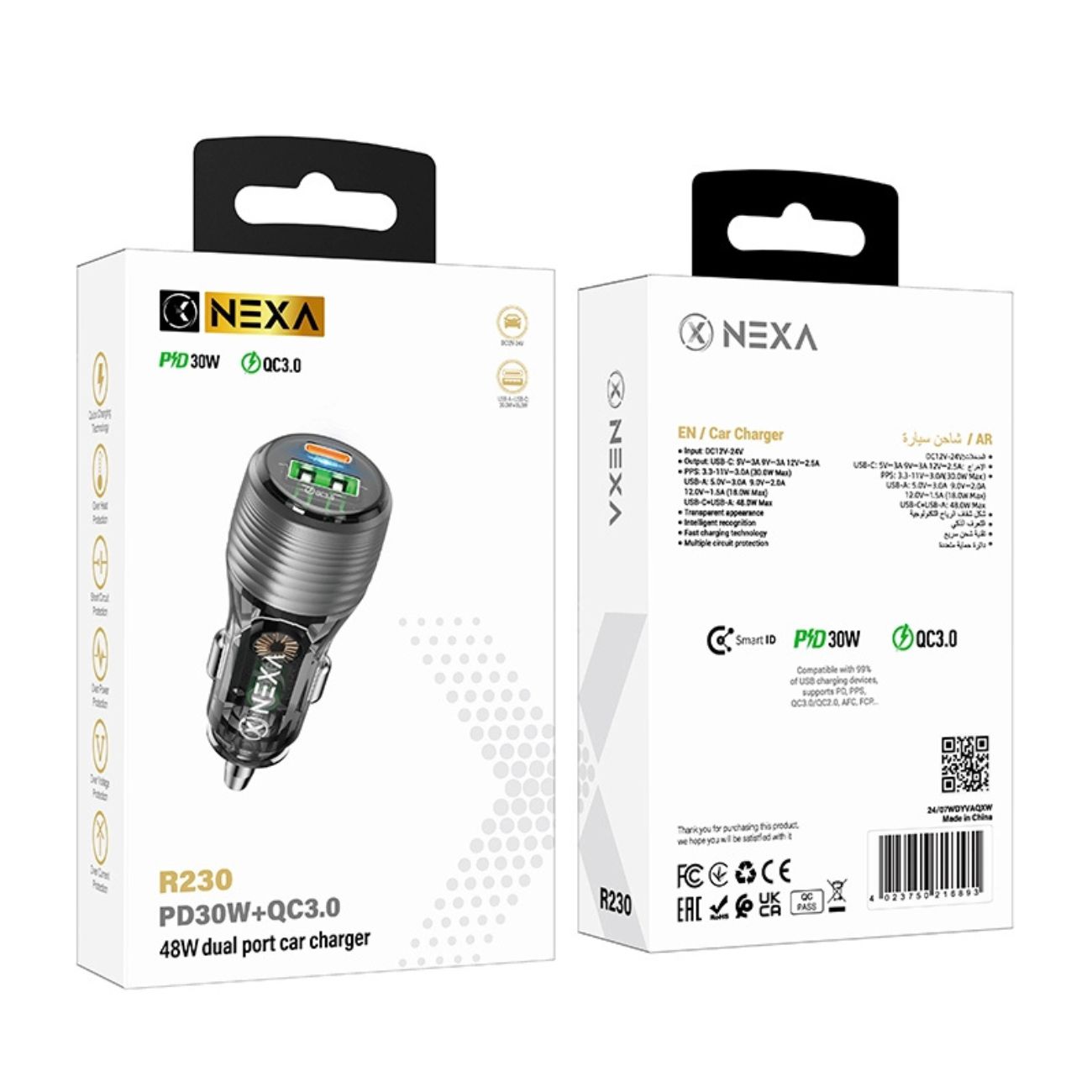 نمای جعبه شارژر فندکی نکسا NEXA R230 30W PD+QC Car Charger