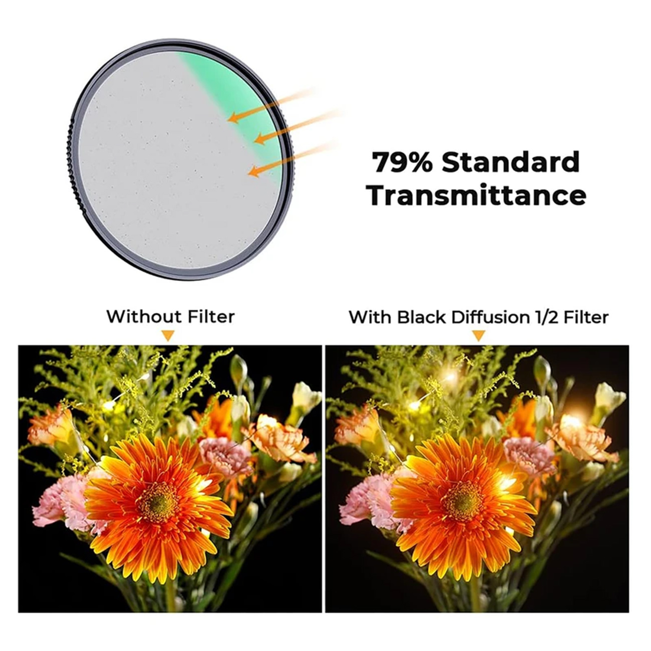 عکس مقایسه ای از فیلتر لنز کی اند اف K&F 58mm Black Diffusion NANO-C Filter