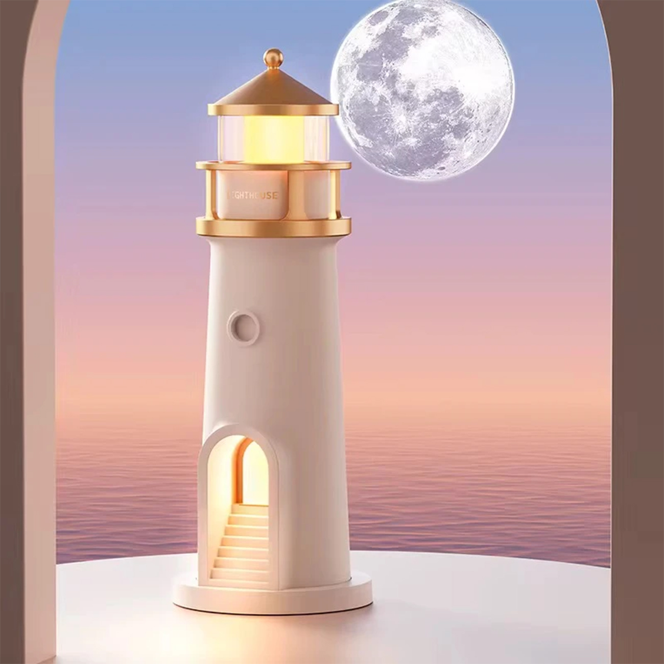 عکس در حال استفاده از چراغ فانوس دریایی و پروژکتور ماه اسپیکردار Lighthouse light and moon projector