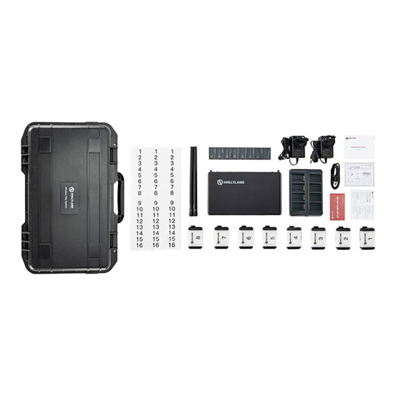 عکس از محتویات کامل سیستم چراغ تالی بی‌سیم هالی‌لند Hollyland 8-digit Wireless Tally Light System