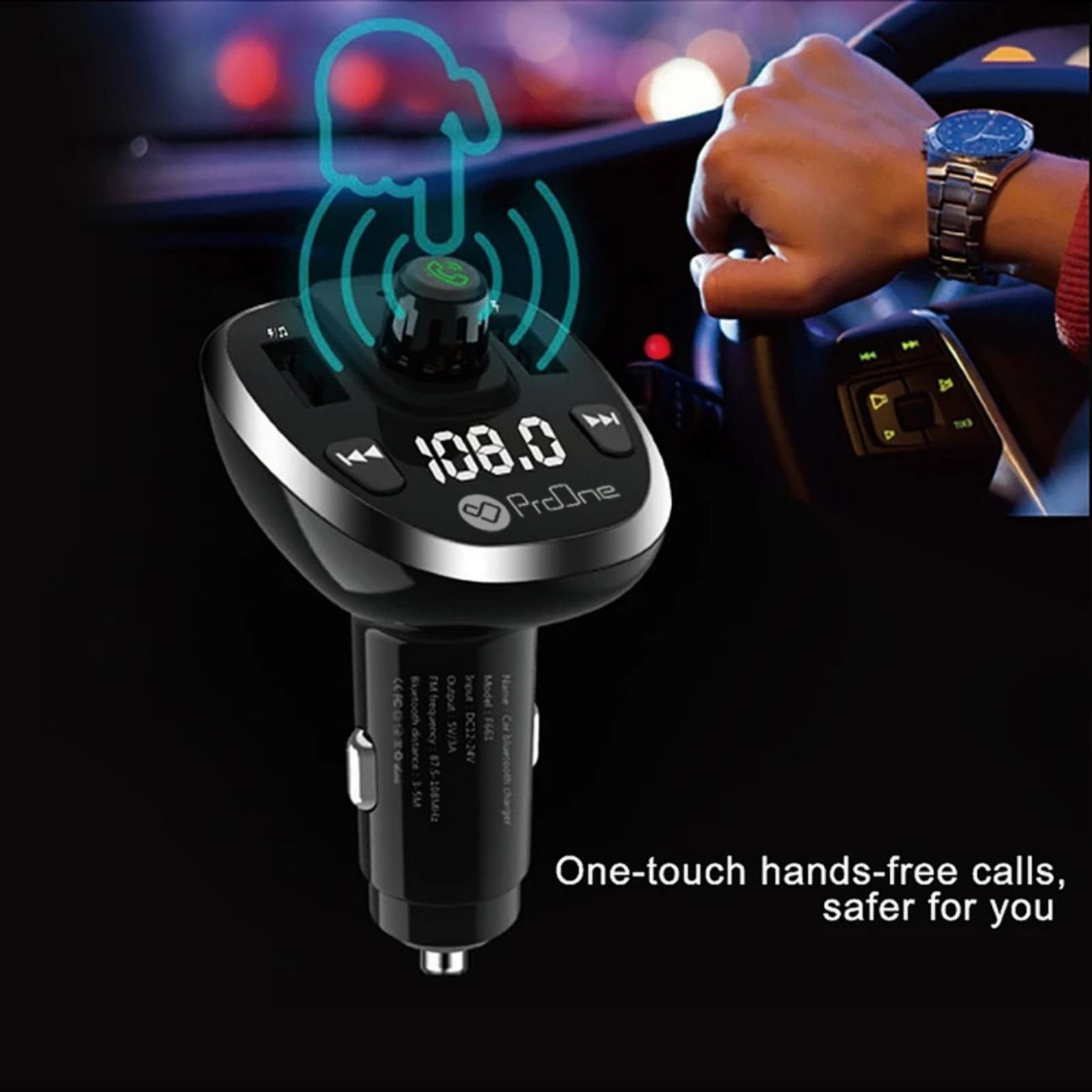 نمای کاربردی از شارژر پرووان ProOne PFT93 with FM Bluetooth Transmitter Car Charger