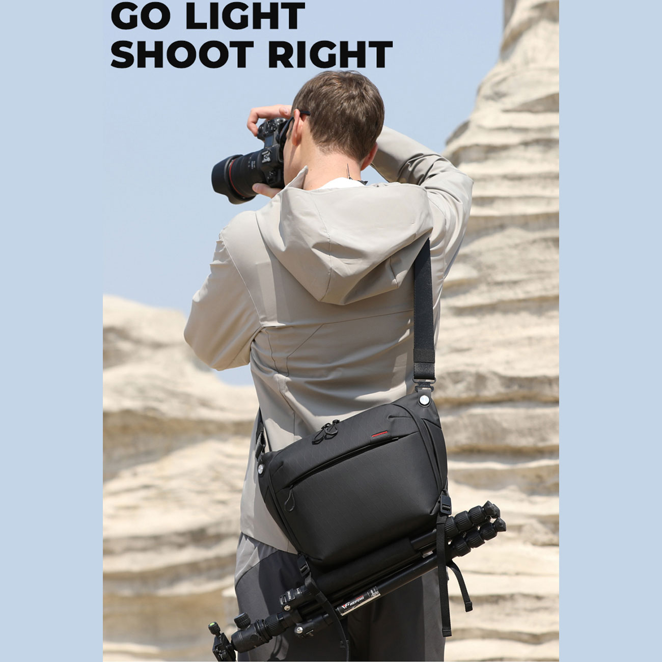 نمای کاربردی کیف رودوشی بنج Bange XJ328 with Tripod Strap Camera Sling Bag