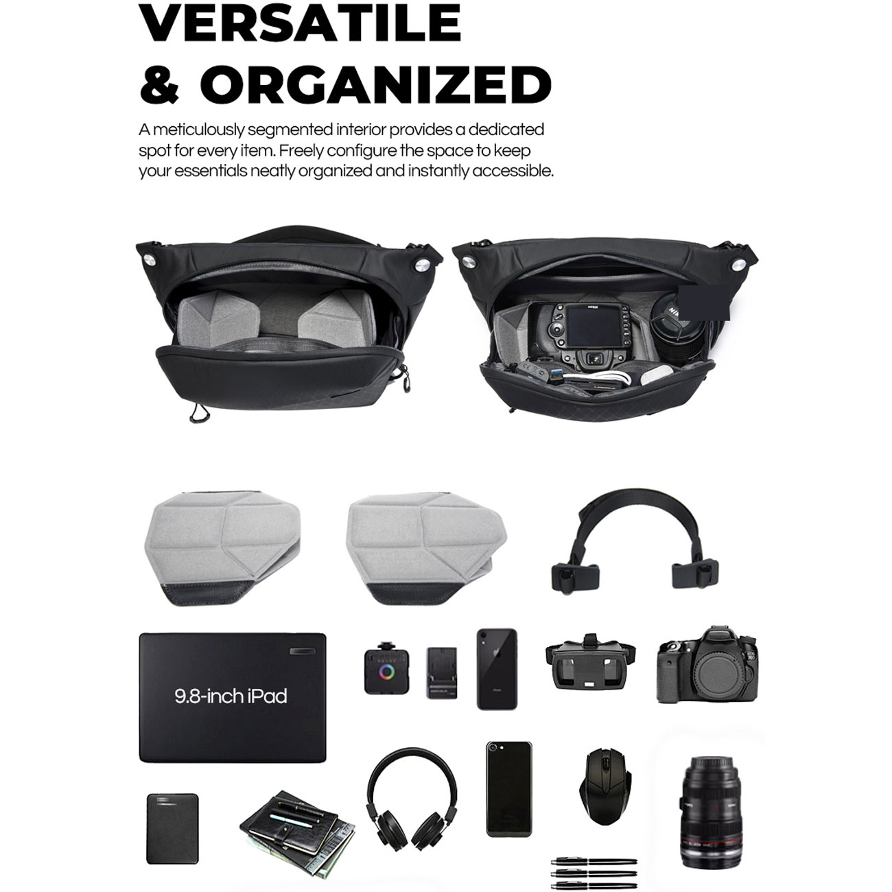 نمای کاربردی از کیف دوربین رودوشی بنج Bange XJ328 with Tripod Strap Camera Sling Bag