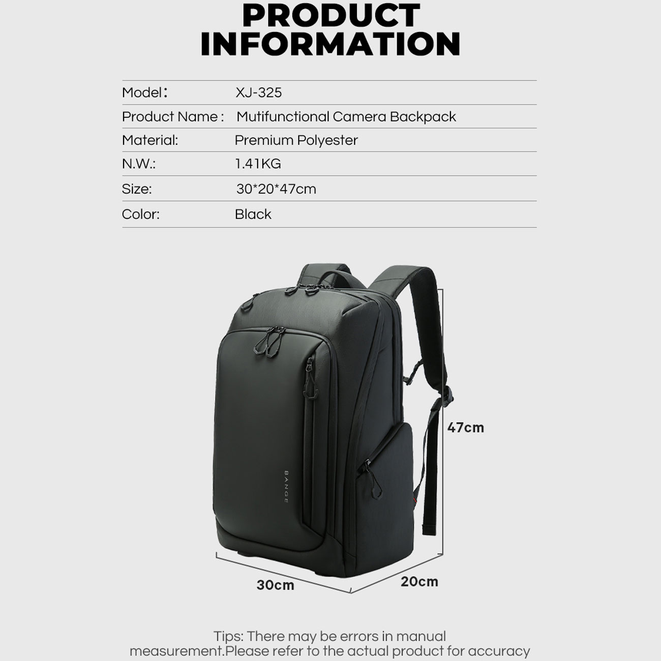 نمای کاربردی کوله‌ پشتی دوربین بنج Bange XJ325 Camera backpack