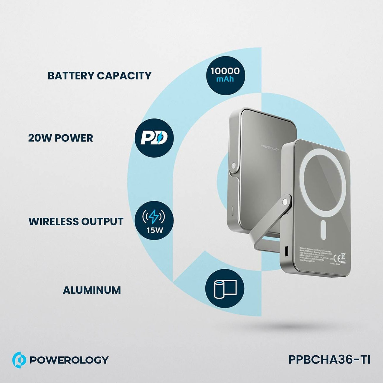 نمای کاربردی از پاوربانک وایرلس پاورولوژی Powerology PP036 10000mAh Magsafe Wireless 20W PD Fast Cha