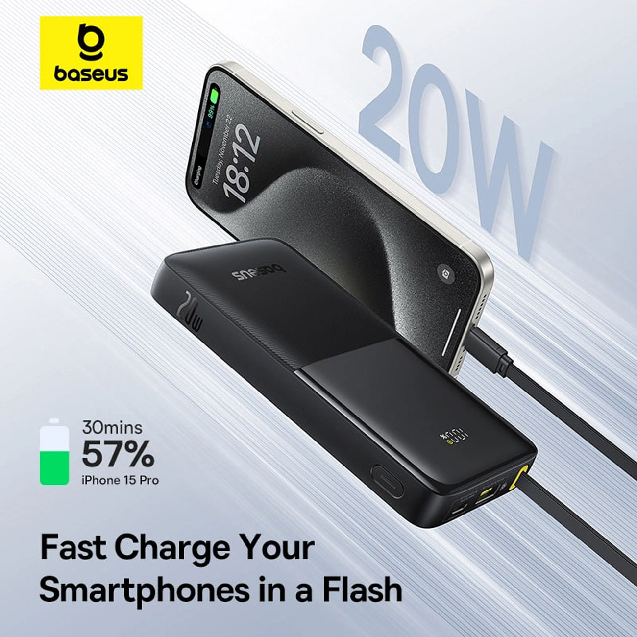 نمای کاربردی پاور بانک بیسوس Baseus PPBD2-1W20 P10077101113 Bipow 2 10000mAh with Built-In USB-C Cab