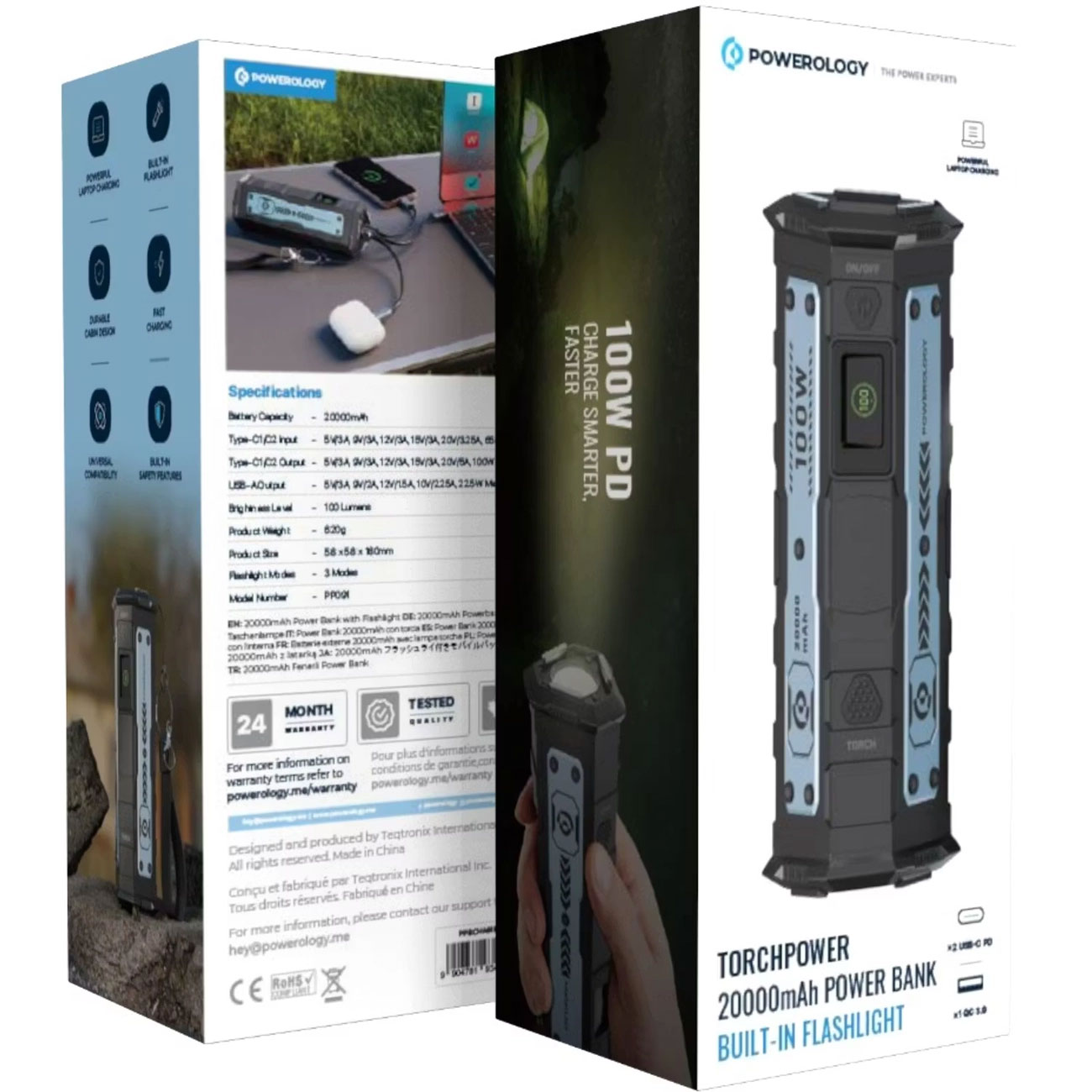 نمای جعبه پاوربانک پاورولوژی Powerology PPBCHA91BK Torchpower 20000mAh 100W with 100 Lumens Flashlig
