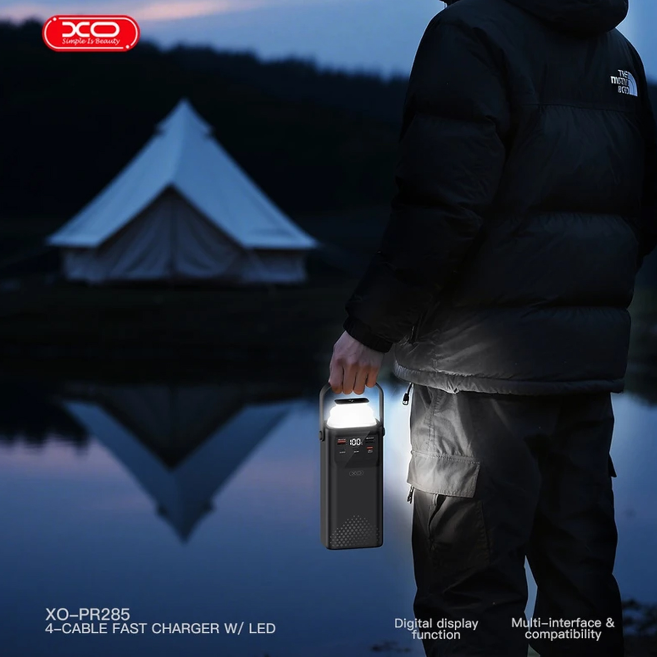 نمای کاربردی پاوربانک و چراغ ایکس او XO PR285 30000mAh Four Built-In Cables Flashlight & Power Bank