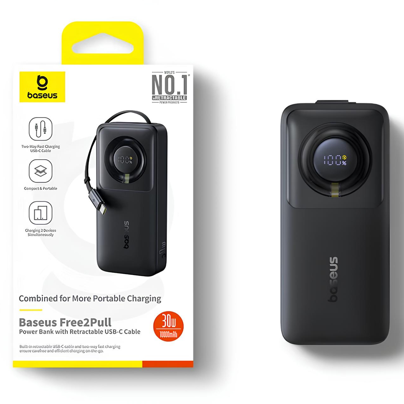 عکس از روبرو و از جعبه پاور بانک بیسوس مشکی Baseus P100709 Free2Pull 10000mAh 30W Power Bank Black