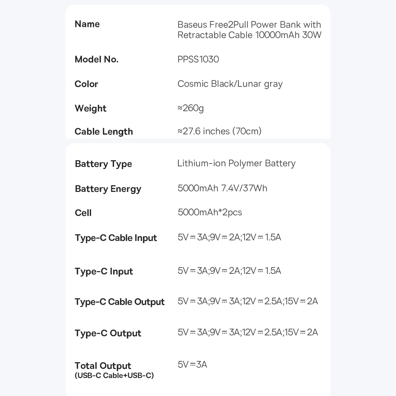 عکس از ویژگی های پاور بانک بیسوس مشکی Baseus P100709 Free2Pull 10000mAh 30W Power Bank Black