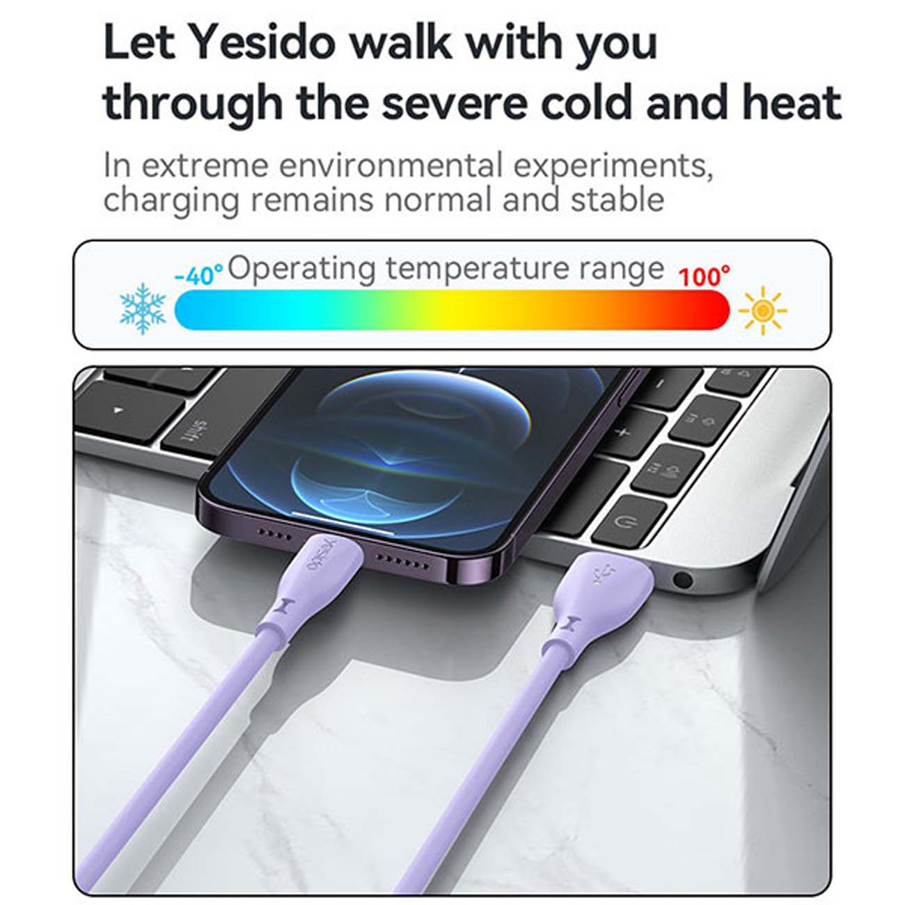 نمای کاربردی از کابل یسیدو Yesido CA119 1m USB-A to USB-C Cable Purple