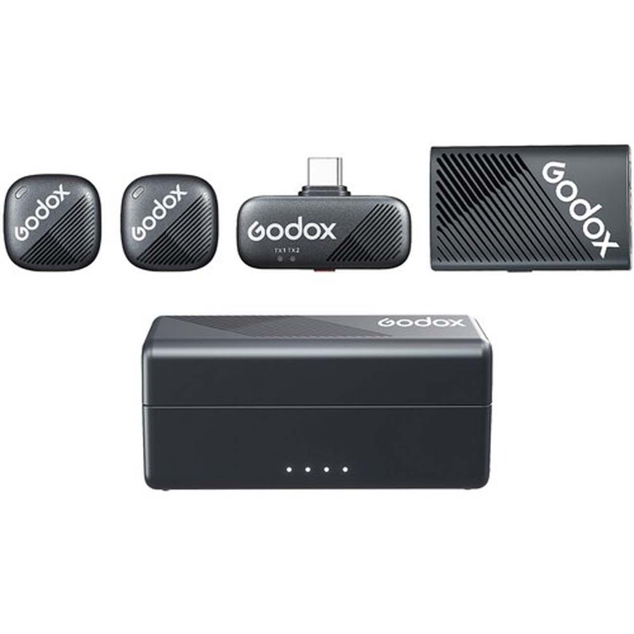 نمای کلی میکروفون بی‌سیم دو نفره گودکس Godox Cube-C Combo Kit 1 Wireless Dual-Person Microphone