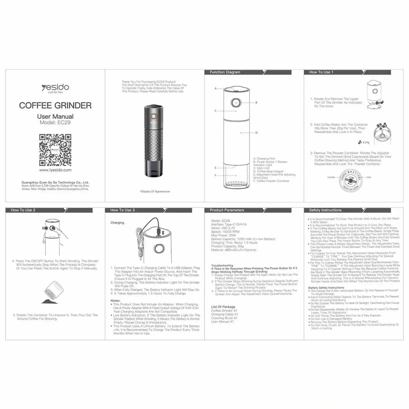 عکس از دفترچه راهنما آسیاب قهوه یسیدو Yesido EC29 Coffee Grinder