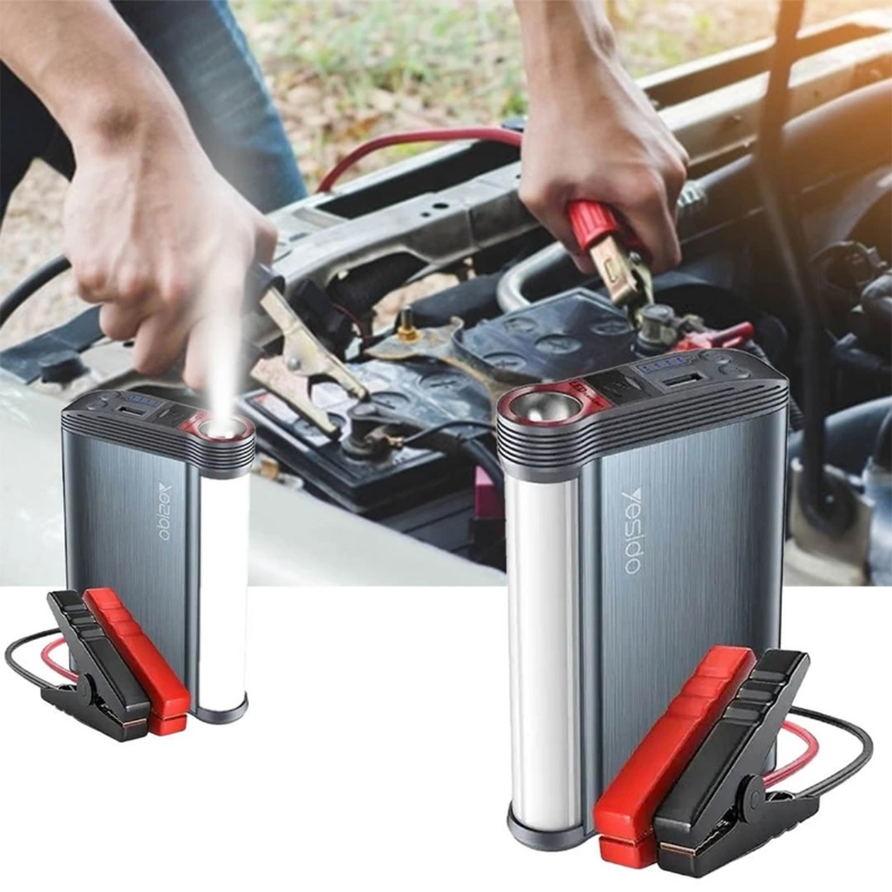 عکس در حال استفاده از جامپ استارتر خودرو و پاوربانک یسیدو Yesido YP36 Car Jump Starter and Power Ban
