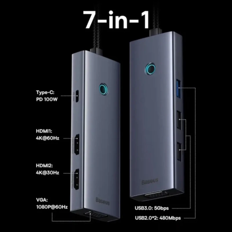 هاب هفت پورت تایپ سی بیسوس Baseus 7 in 1 Triple-Display Hub BS-OH117
