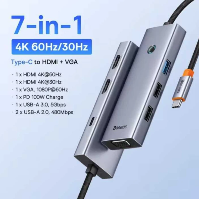هاب هفت پورت تایپ سی بیسوس Baseus 7 in 1 Triple-Display Hub BS-OH117