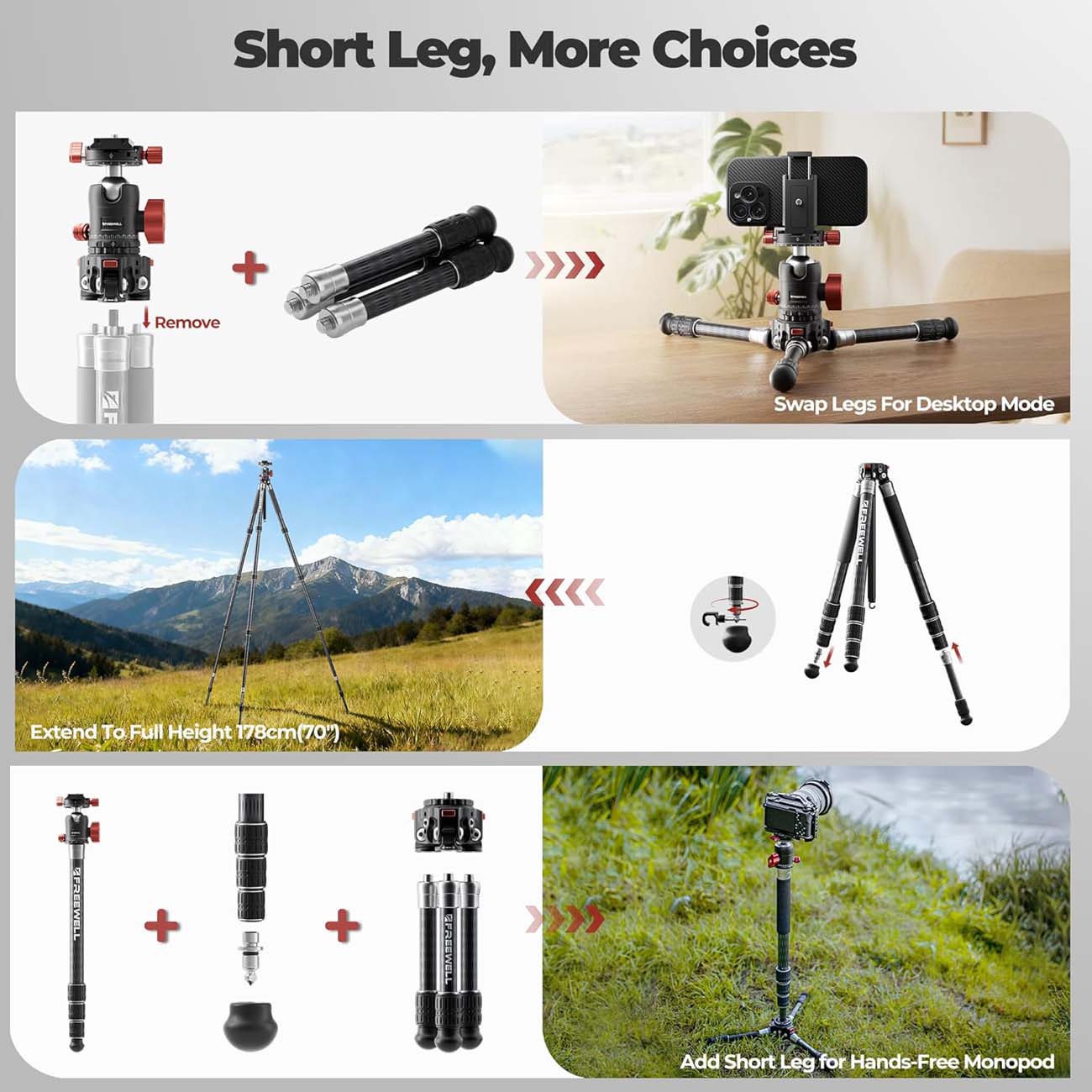 نمای کاربردی سه‌پایه چندکاره Freewell 5 in 1 Real Multi Carbon Fiber Tripod