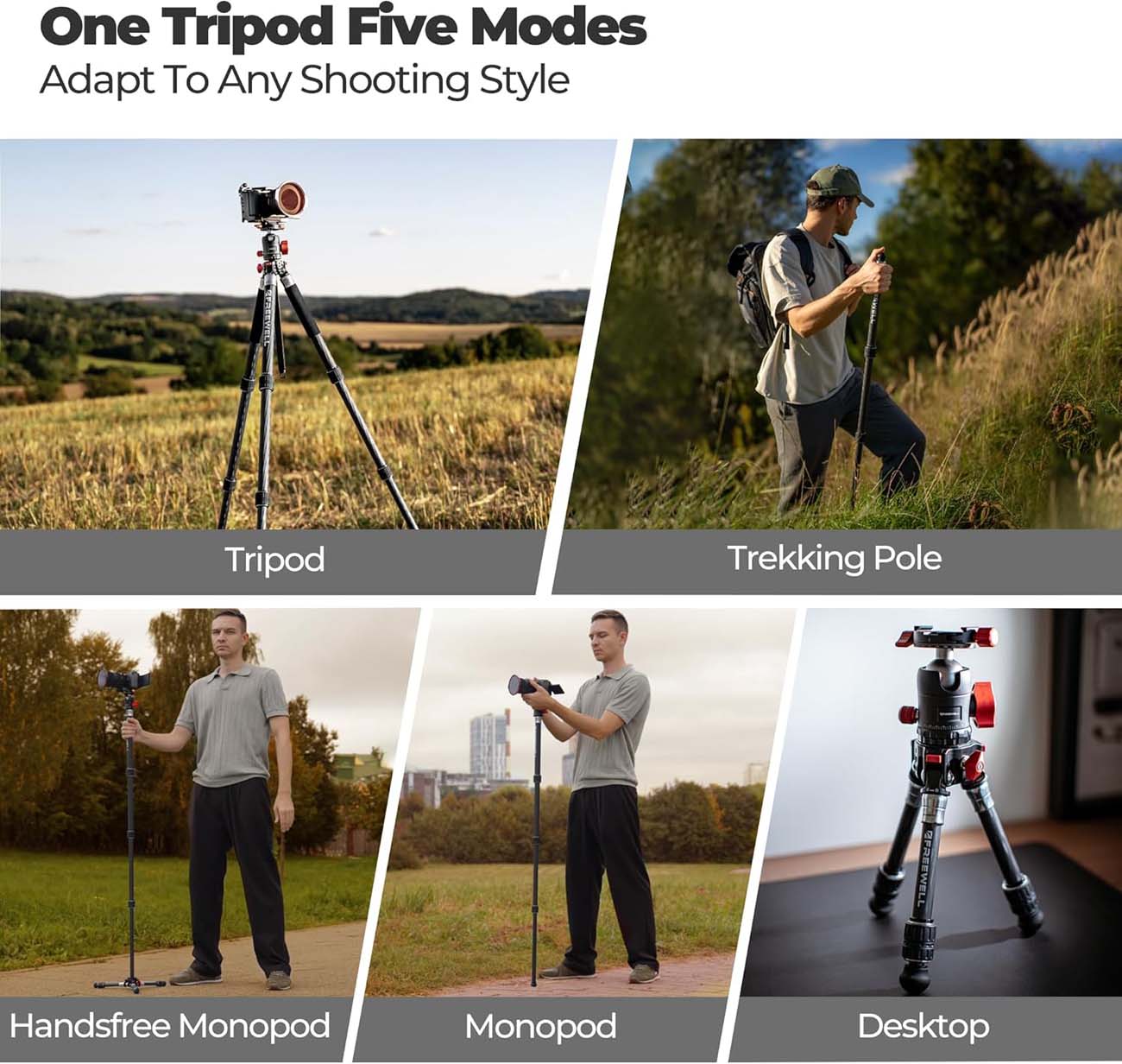 نمای کاربردی از سه‌ پایه چندکاره فری‌ ول Freewell 5 in 1 Real Multi Carbon Fiber Tripod