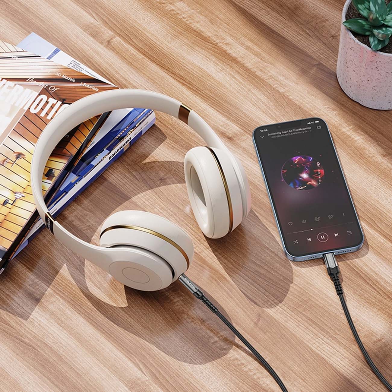 نمای کاربردی کابل صوتی بروفون Borofone BL15 Lightning to 3.5mm 1m Audio Adapter Cable