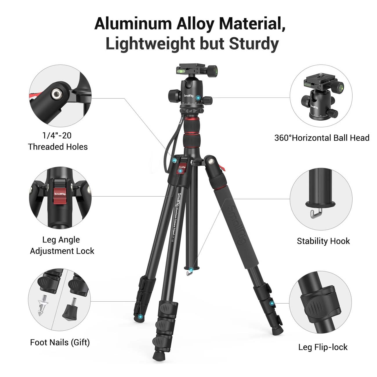 نمای کاربردی از سه‌پایه دوربین اسمال ریگ SmallRig CT-10 Aluminum Camera Tripod